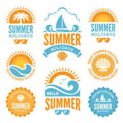 Summer holidays labels in blue and orange colors