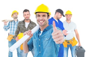 Poster - architect holding blueprint while gesturing thumbs up
