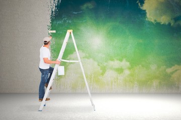 Poster - Handyman climbing ladder while using paint roller