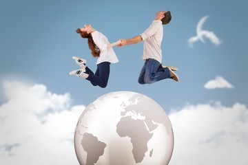 Poster - Composite image of couple jumping and holding hands