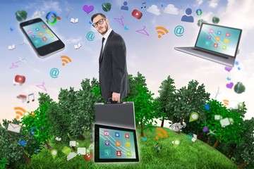 Poster - Composite image of geeky businessman holding his briefcase