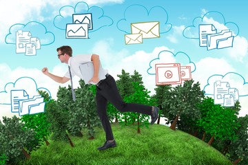 Poster - Composite image of geeky businessman running late