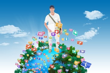 Aufkleber - Composite image of happy courier man holding envelops