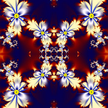 Flower Pattern In Fractal Design. Blue, Brown And White Palette.
