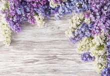 Lilac Flowers Bouquet On Wooden Plank Background, Spring Purple