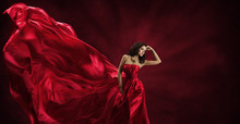 Red Dress, Woman In Flying Fashion Silk Fabric Clothes Model