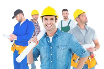 Poster - Composite image of confident architect holding rolled blueprint