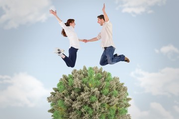 Aufkleber - Composite image of couple jumping and holding hands
