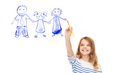 Poster - little girl drawing with brush family portrait