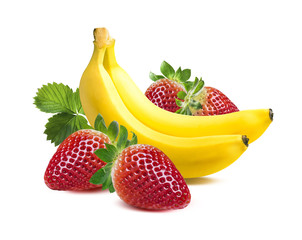 Poster - Two bananas strawberry square composition isolated on white back