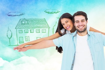Poster - Happy casual man giving pretty girlfriend piggy back