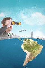 Poster - Composite image of young businessman looking through binoculars
