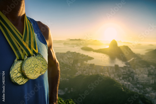 Fotografie, Tablou Gold Medal Champion Athlete Standing Rio Sunrise Skyline
