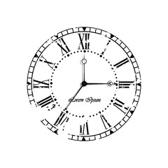 Vintage old clock dial on white background.