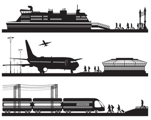 travelers in airport terminal, train station and pier with cruis