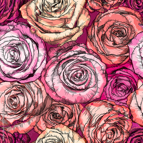 Obraz w ramie Retro Seamless Pattern with Rose Flowers