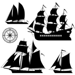 Yacht and old pirate ships - vector set