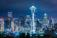 View Of The Seattle Skyline At Night, In Kerry Park, Seattle, Wa