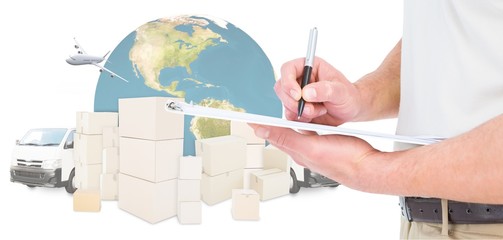 Poster - Composite image of delivery man writing on clipboard 