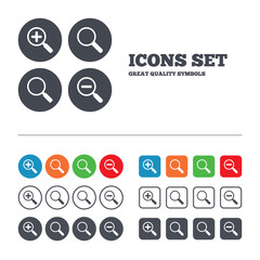 Poster - magnifier glass icons. plus and minus zoom tool.