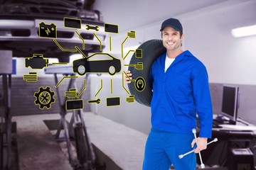 Poster - Composite image of confident mechanic carrying tire