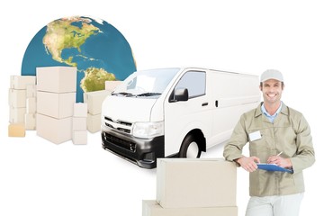 Poster - Happy delivery man writing on clipboard by cardboard boxes