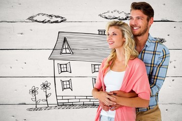 Poster - Composite image of attractive young couple embracing and smiling