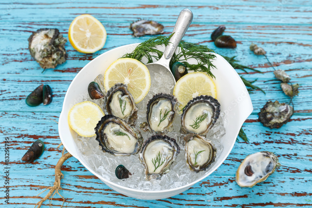 Oyster seafood lemon dill fresh mussel asia appetizer