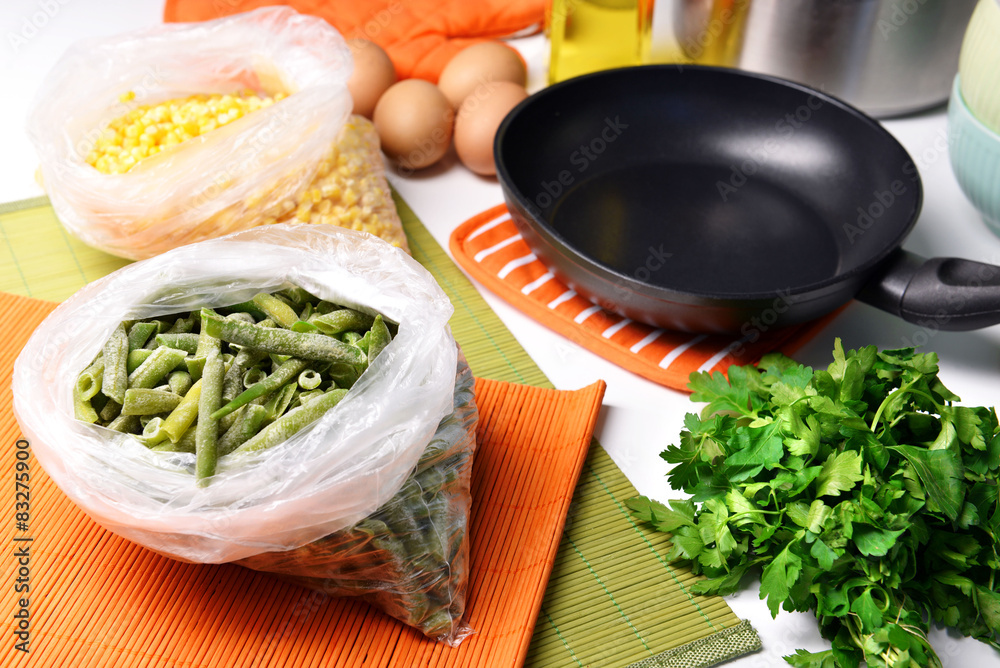 Ingredients for cooking on kitchen table close up