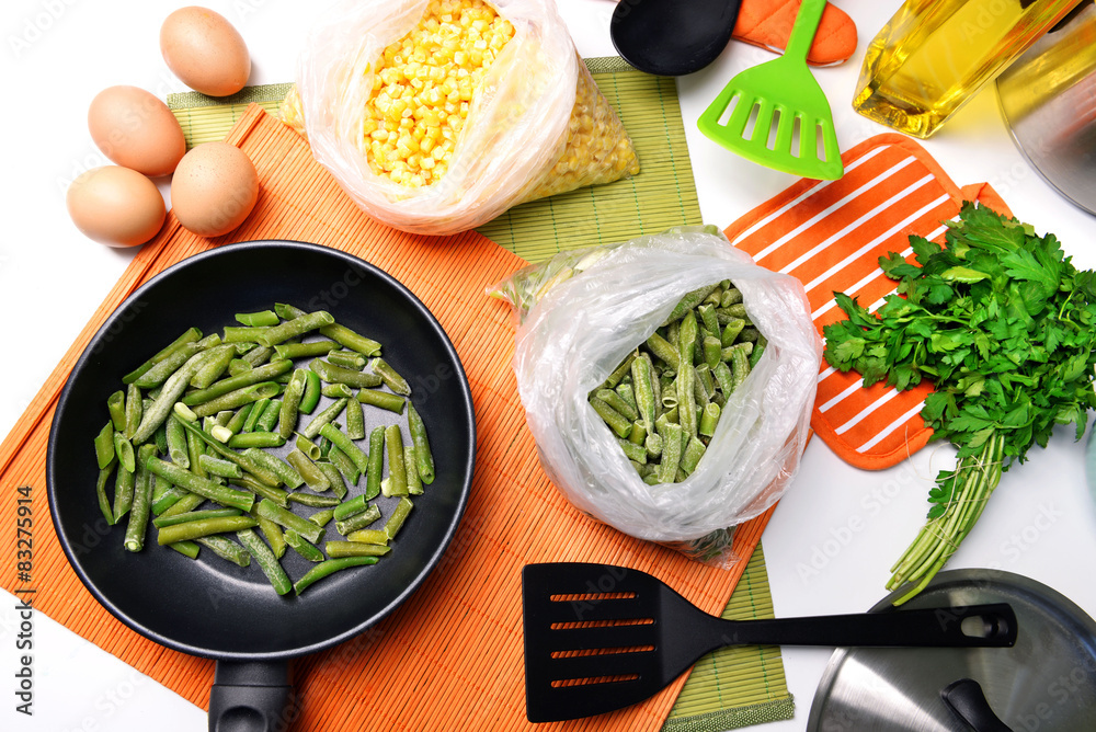 Ingredients for cooking on kitchen table close up