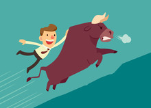 Businessman Hang On Bull(market) Running Up Hill