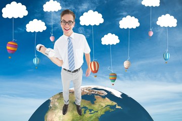 Poster - Composite image of geeky happy businessman lifting dumbbell
