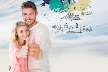 Poster - Composite image of attractive couple showing thumbs up to camera