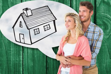 Poster - Composite image of attractive young couple embracing and smiling