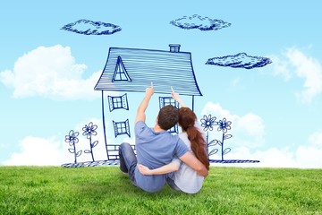 Poster - Composite image of couple sitting on floor together