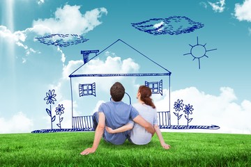 Poster - Composite image of couple sitting on floor together