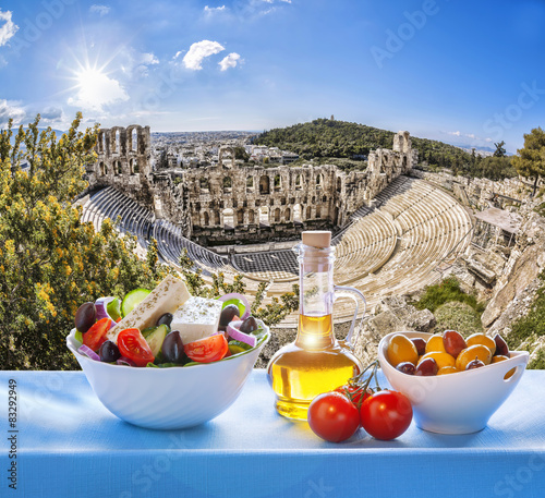 Naklejka na szybę Acropolis with Greek salad in Athens, Greece