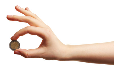 Poster - Female hand with coin isolated on white