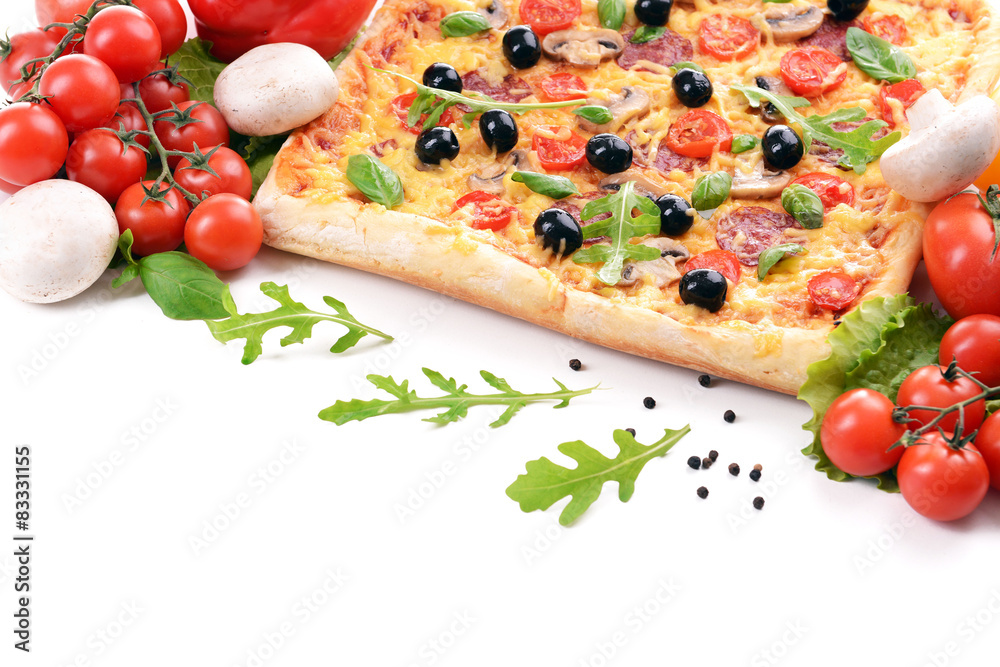 Delicious homemade pizza on white background
