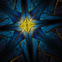 Gold And Blue Fractal Cross, Digital Artwork