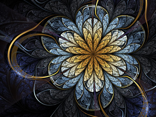 Wall Mural - Blue and gold fractal flower, digital artwork