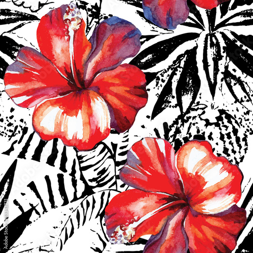 Plakat na zamówienie hibiscus watercolor and graphic plants seamless background