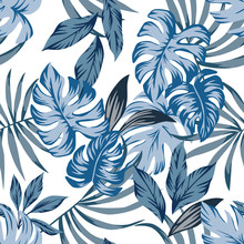 Tropical Blue Leaves Seamless Background