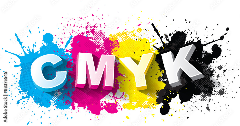 3d CMYK letters with paint splash background, Logo Symbol - obrazy, fototapety, plakaty 