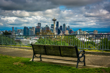 Bench And View Of The Downtown Seattle Skyline, In Seattle, Wash