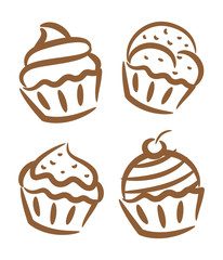 Sticker - cupcake and frozen yogurt icon in doodle style