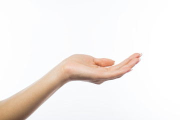 female hand holding something, isolated on white.