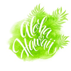 Wall Mural - Aloha Hawaii illustration, palm leaves watercolor background