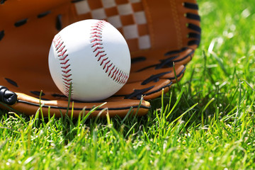 Wall Mural - Baseball ball and glove on green field