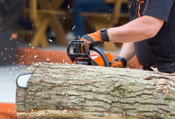 Wall Mural - Chainsaw cutting wood